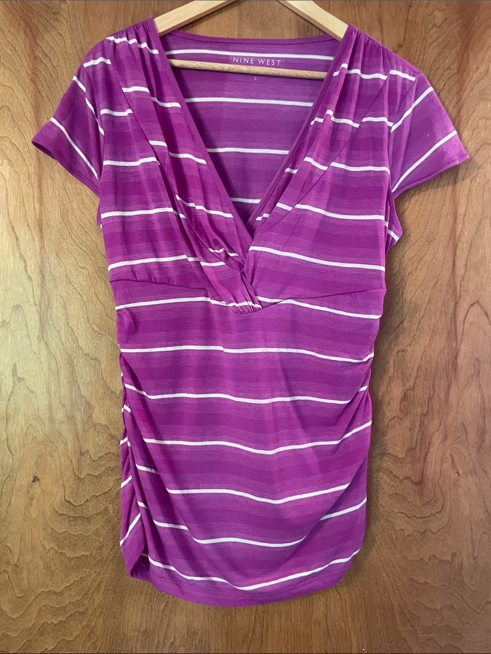 Nine West Purple and White Striped V-Neck Tunic, Large